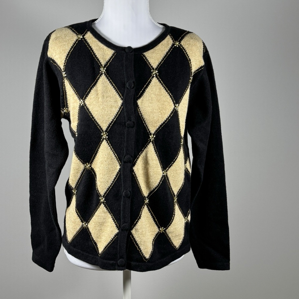 Dress‎ Barn Harlequin Cardigan Black Gold Metallic Argyle Size S Dark Academia